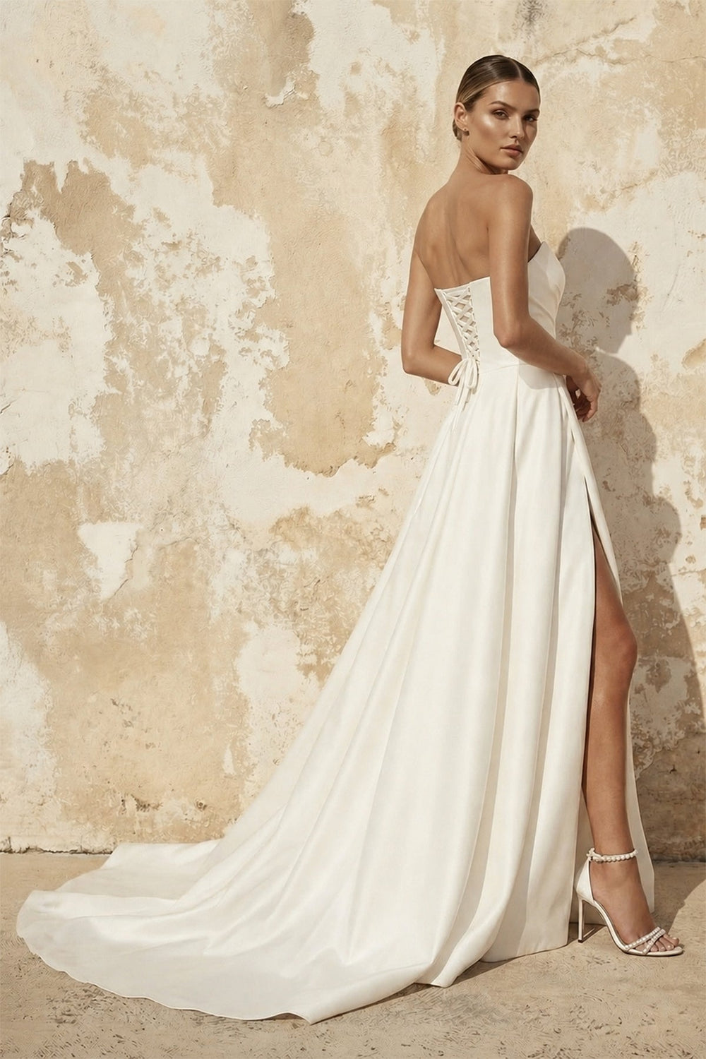 A Line Satin Wedding Dress With Slit in White