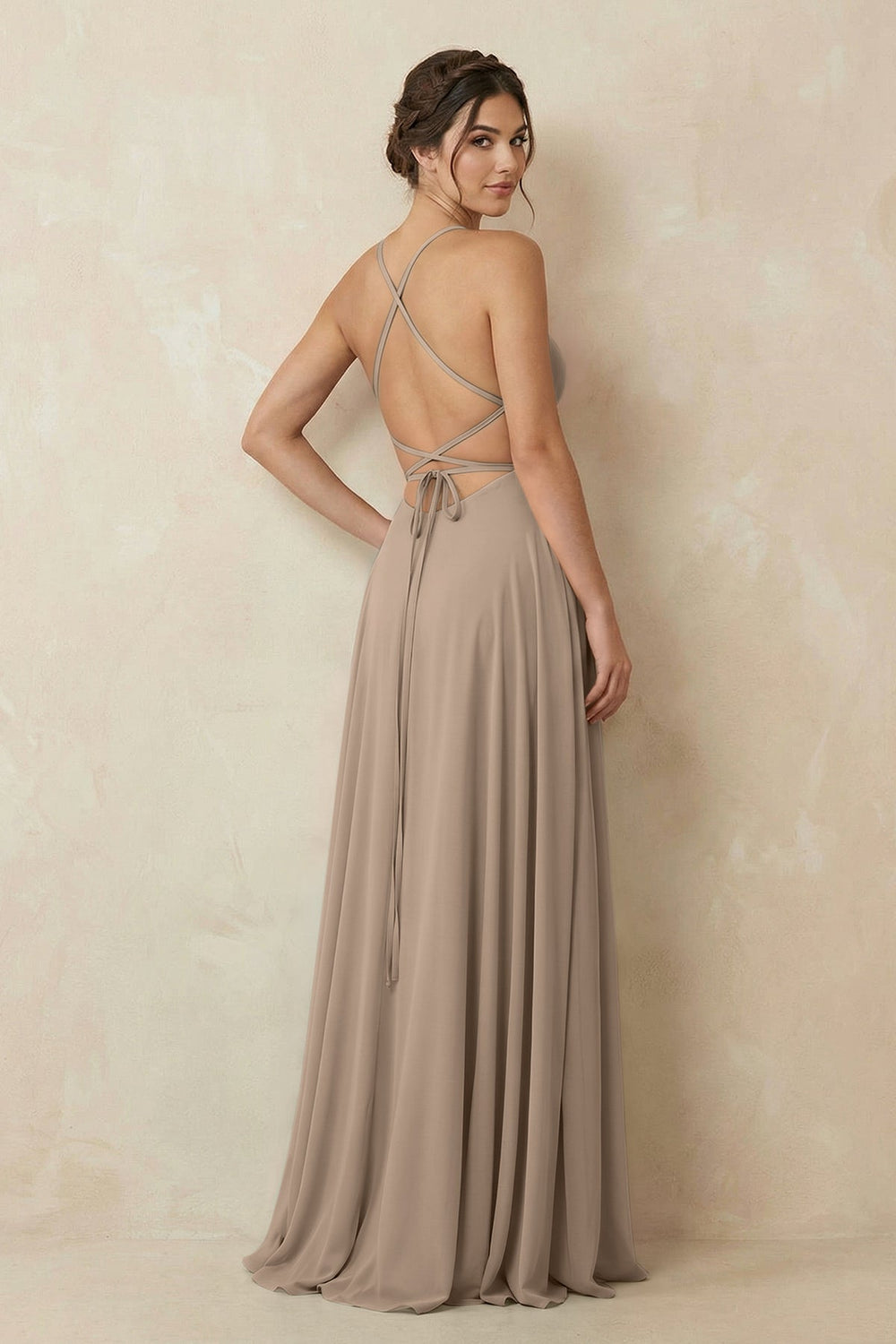 A-Line Chiffon Bridesmaid Dress With Slit in Almond