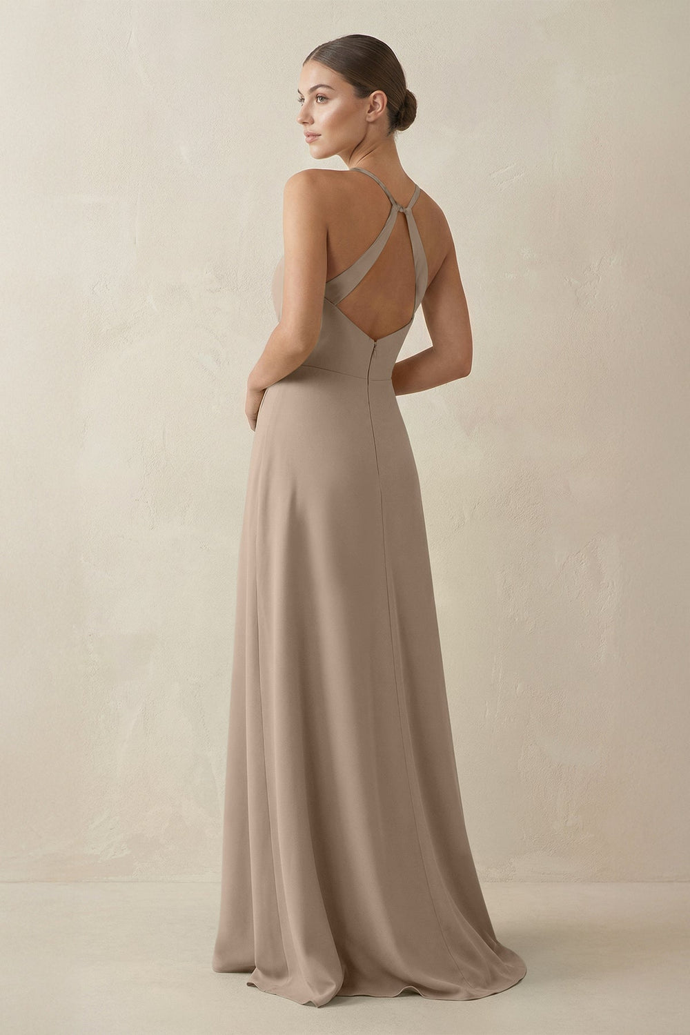 A-Line Chiffon Long Bridesmaid Dress With Slit in Almond
