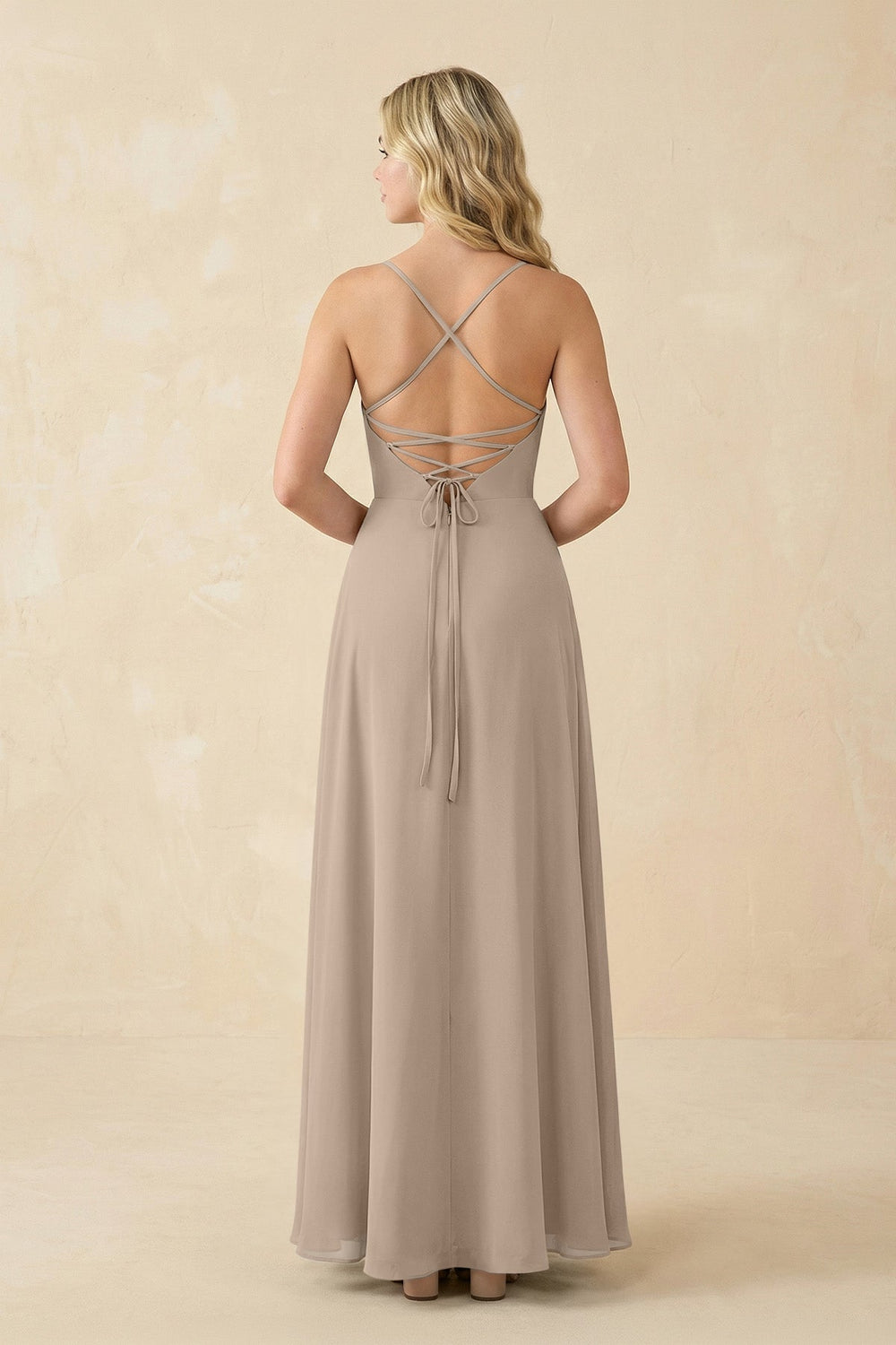 A-Line Chiffon Spaghetti Strap Bridesmaid Dress in Almond