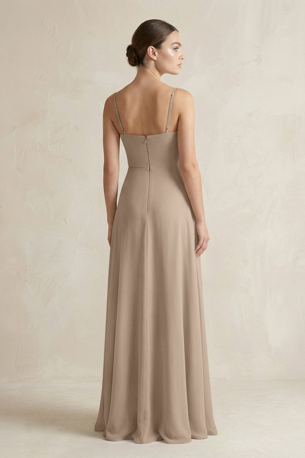 A-Line Chiffon Spaghetti Strap Bridesmaid Dress in Almond