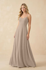 Almond A-Line Chiffon Spaghetti Strap Bridesmaid Dress | KISSBRIDAL