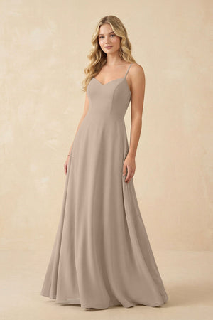 Almond A-Line Chiffon Spaghetti Strap Bridesmaid Dress | KISSBRIDAL