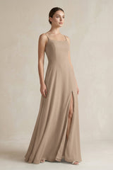 Almond A-Line Chiffon Spaghetti Strap Bridesmaid Dress | KISSBRIDAL