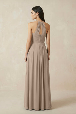 Almond A-Line Halter Neck Pleated Chiffon Bridesmaid Dress (2) | KISSBRIDAL