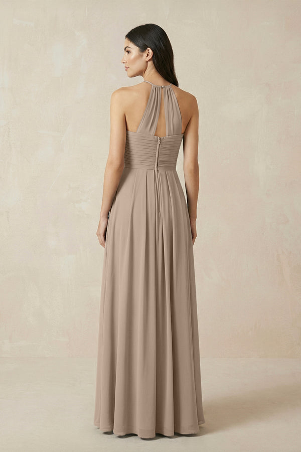 Almond A-Line Halter Neck Pleated Chiffon Bridesmaid Dress (2) | KISSBRIDAL