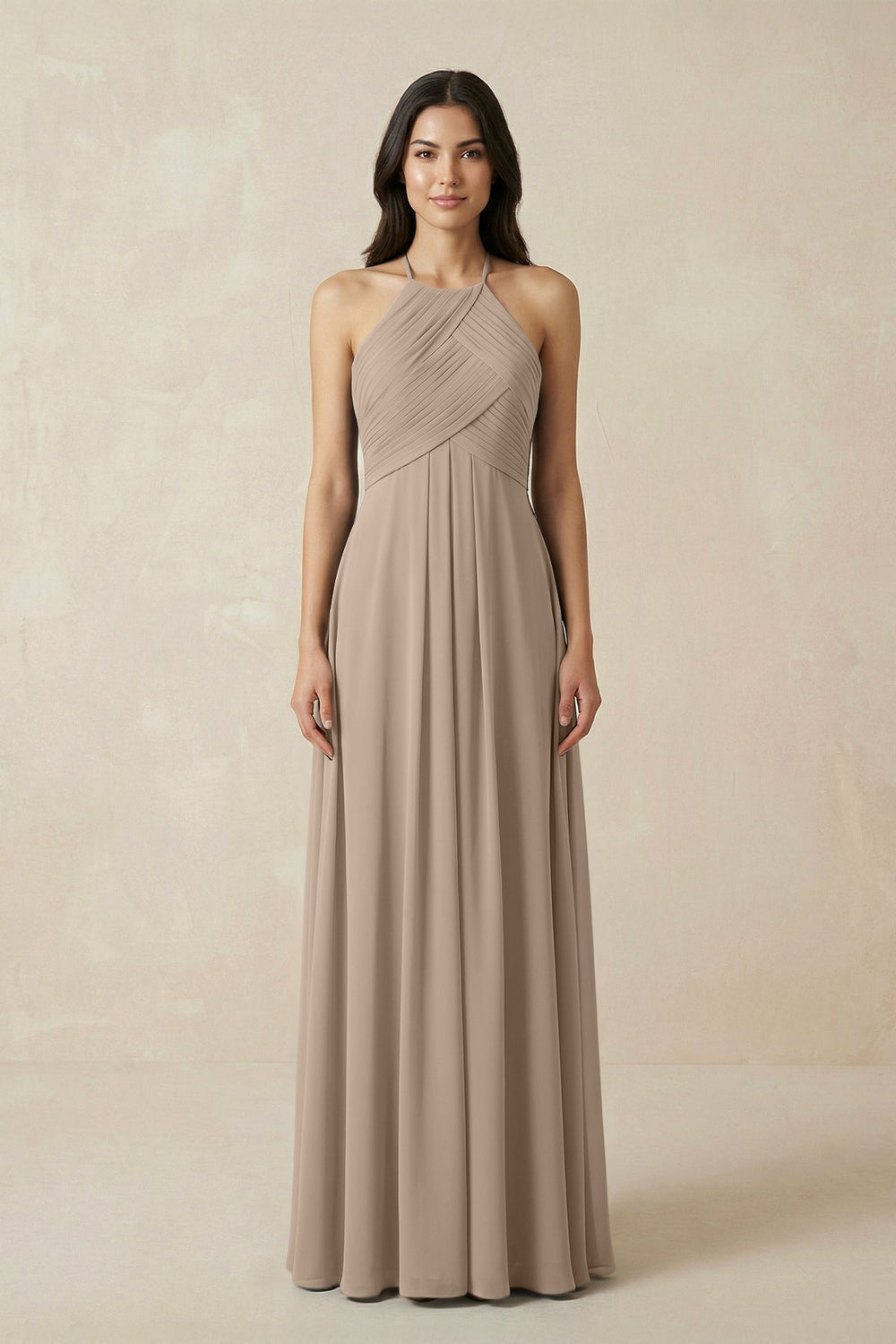 A-Line Halter Neck Pleated Chiffon Bridesmaid Dress in Almond