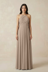 Almond A-Line Halter Neck Pleated Chiffon Bridesmaid Dress | KISSBRIDAL