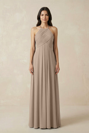 Almond A-Line Halter Neck Pleated Chiffon Bridesmaid Dress | KISSBRIDAL
