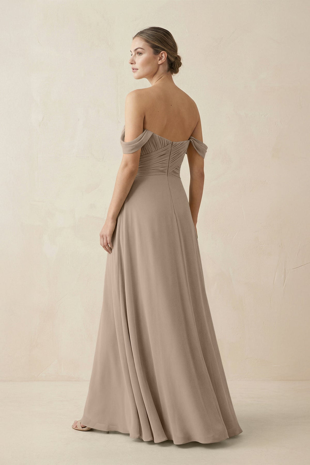 A-Line Off-the-Shoulder Chiffon Bridesmaid Dress in Almond