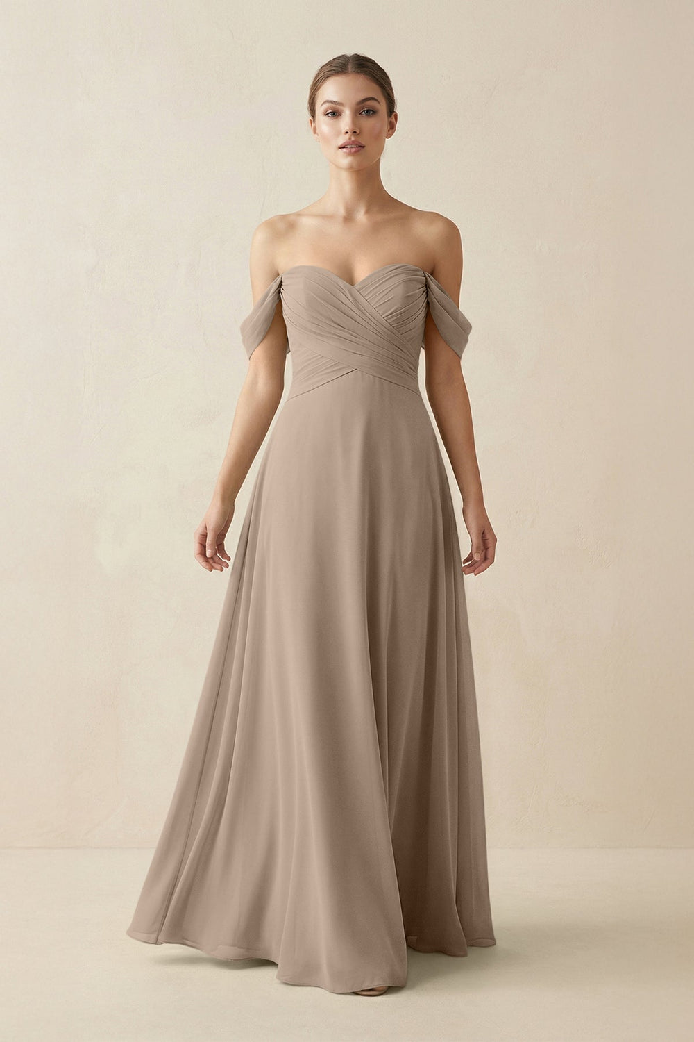 A-Line Off-the-Shoulder Chiffon Bridesmaid Dress in Almond