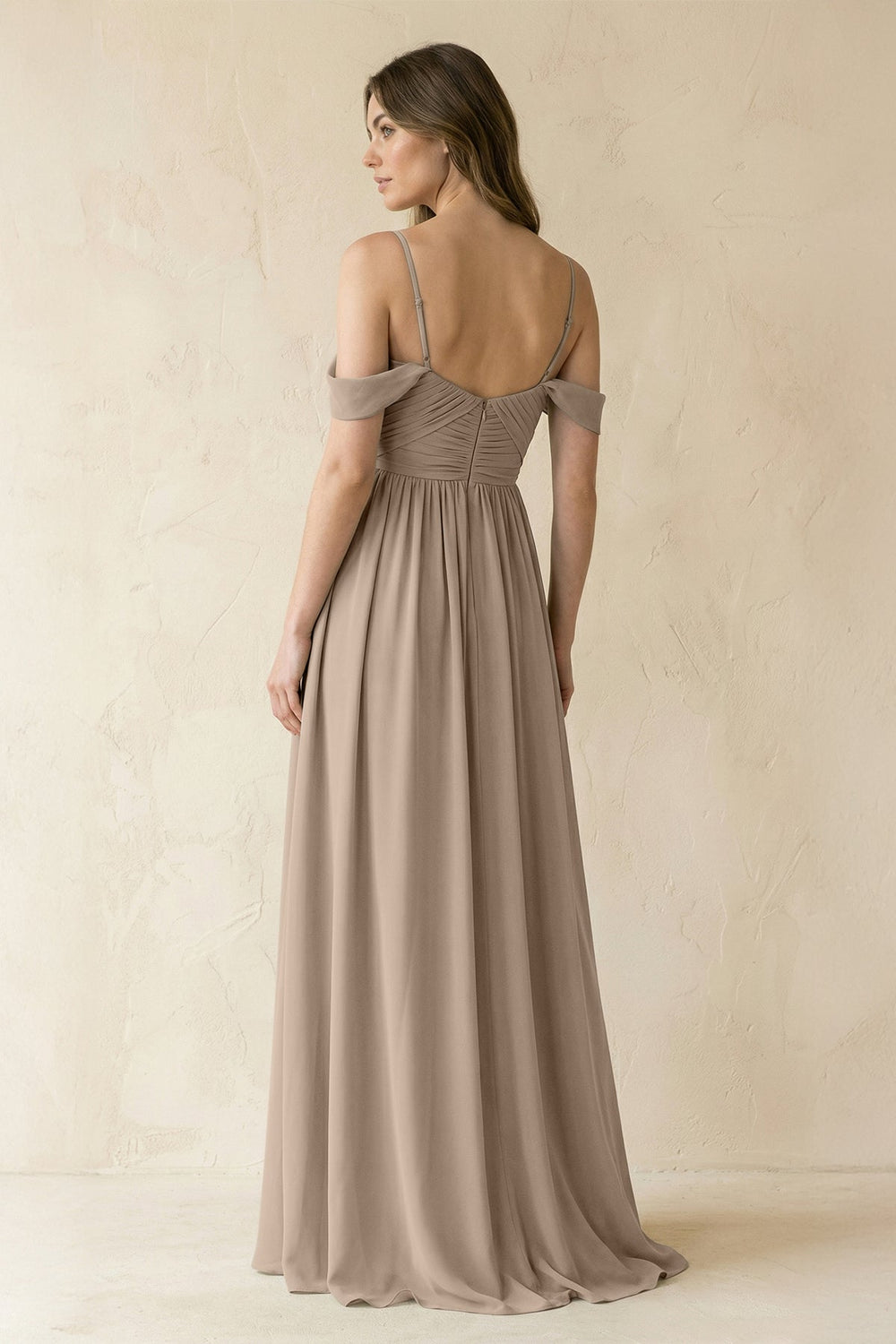 A-Line Off-the-Shoulder Pleated Chiffon Bridesmaid Dress in Almond