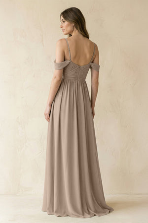Almond A-Line Off-the-Shoulder Pleated Chiffon Bridesmaid Dress (2) | KISSBRIDAL