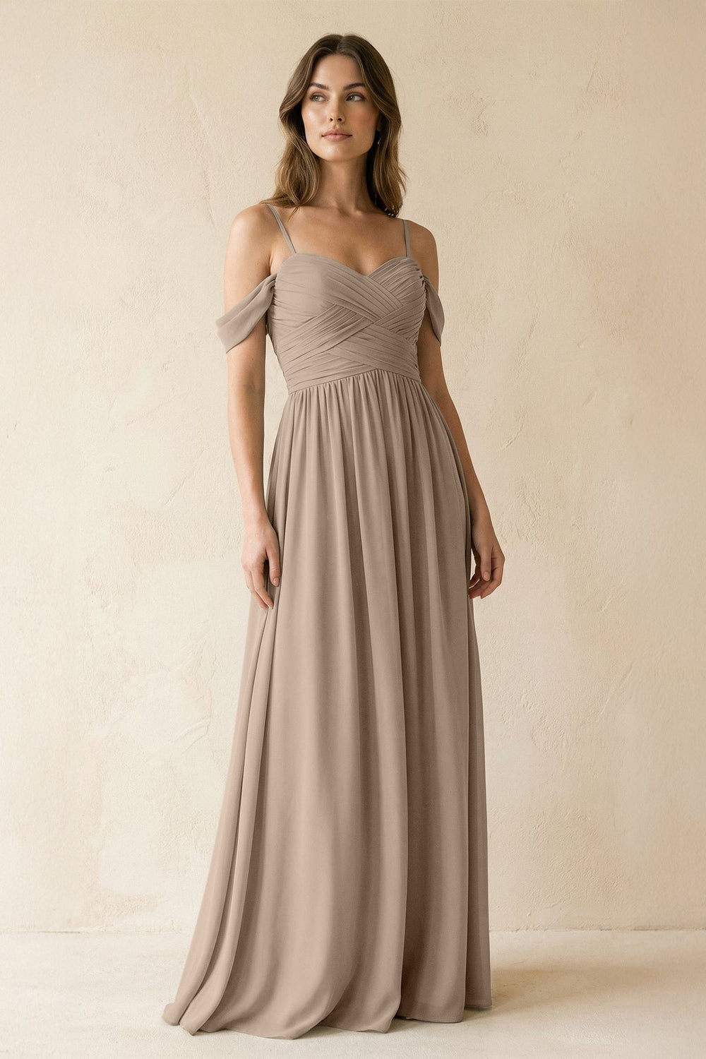 A-Line Off-the-Shoulder Pleated Chiffon Bridesmaid Dress in Almond