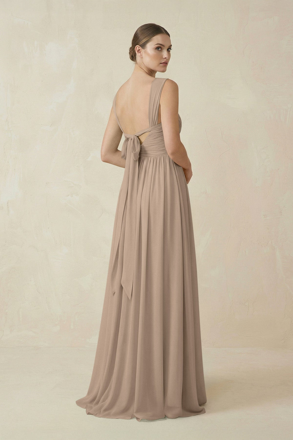 A-Line Pleated Chiffon Long Bridesmaid Dress in Almond
