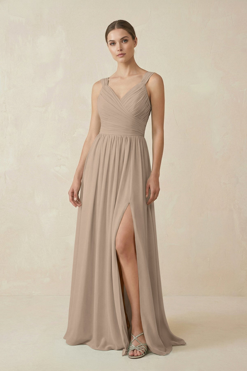 A-Line Pleated Chiffon Long Bridesmaid Dress in Almond