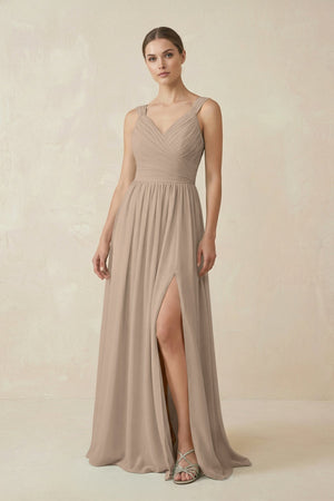 Almond A-Line Pleated Chiffon Long Bridesmaid Dress | KISSBRIDAL