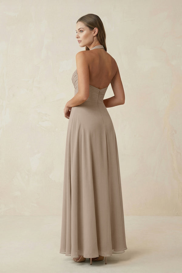 Almond A-Line Pleated Chiffon V-Neck Bridesmaid Dress (2) | KISSBRIDAL