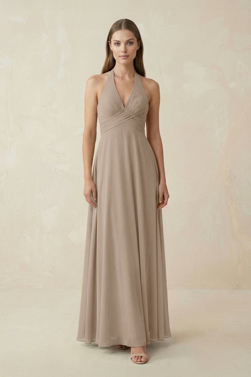 A-Line Pleated Chiffon V-Neck Bridesmaid Dress in Almond