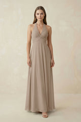Almond A-Line Pleated Chiffon V-Neck Bridesmaid Dress | KISSBRIDAL