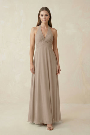 Almond A-Line Pleated Chiffon V-Neck Bridesmaid Dress | KISSBRIDAL