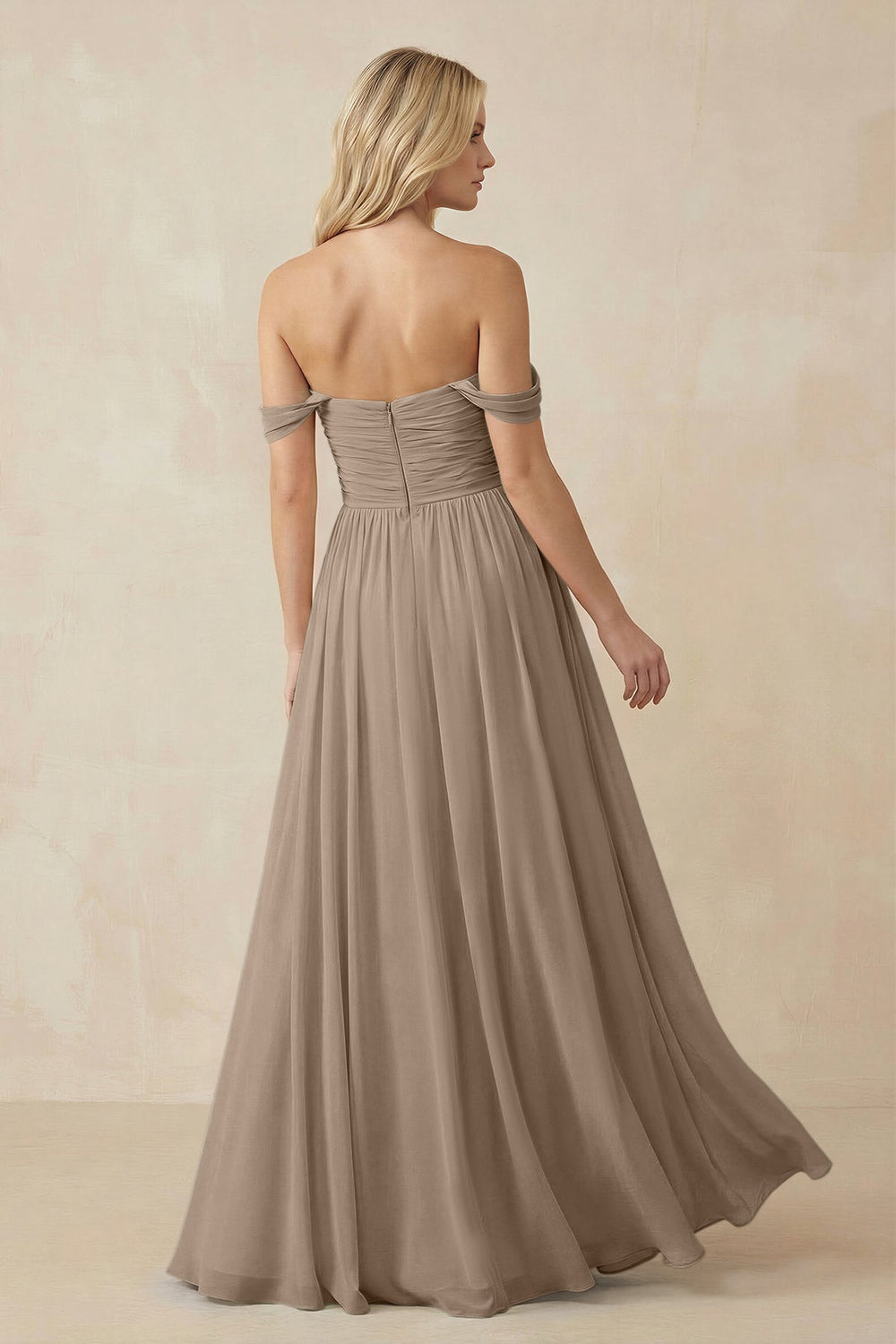 A-Line Pleated Long Chiffon Bridesmaid Dress in Almond