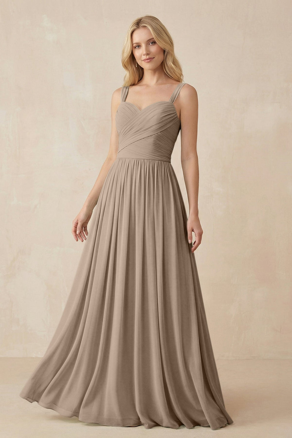 A-Line Pleated Long Chiffon Bridesmaid Dress in Almond