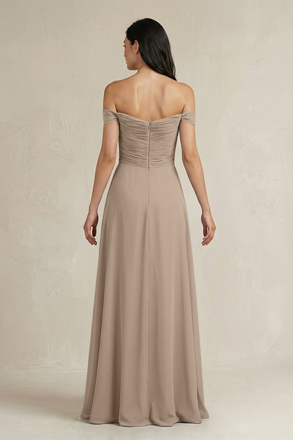 A-Line Pleated Off-the-Shoulder Chiffon Bridesmaid Dress in Almond