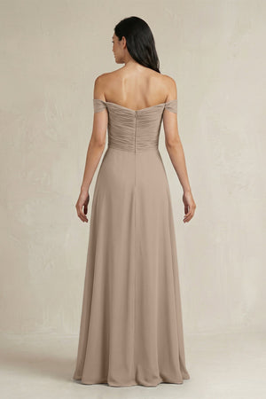 Almond A-Line Pleated Off-the-Shoulder Chiffon Bridesmaid Dress (2) | KISSBRIDAL