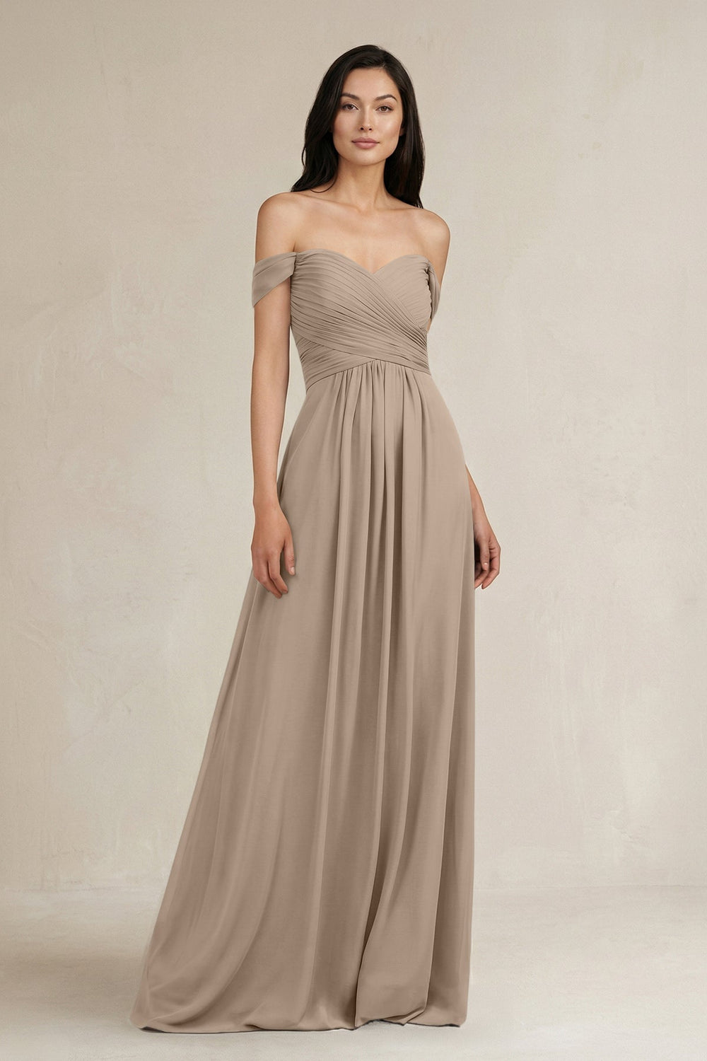 A-Line Pleated Off-the-Shoulder Chiffon Bridesmaid Dress in Almond