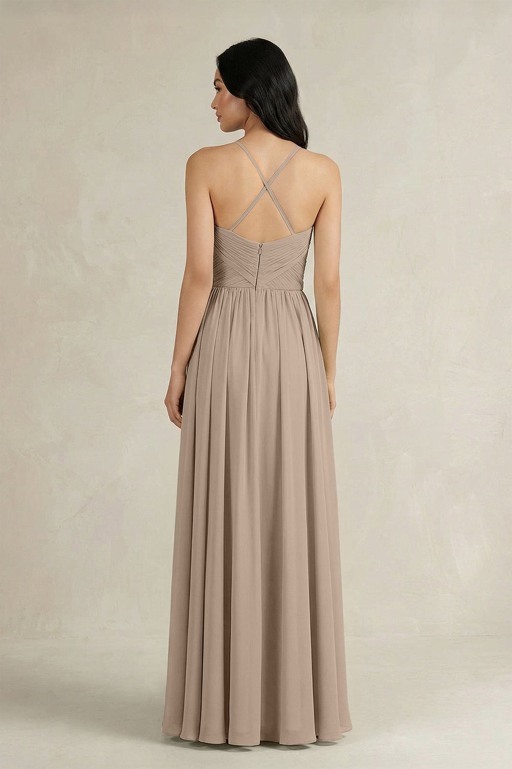 A-Line Pleated Spaghetti Strap Chiffon Bridesmaid Dress in Almond