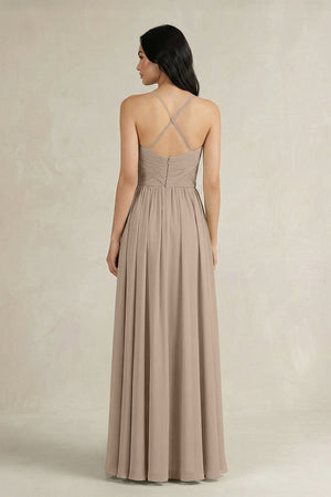 Almond A-Line Pleated Spaghetti Strap Chiffon Bridesmaid Dress (2) | KISSBRIDAL