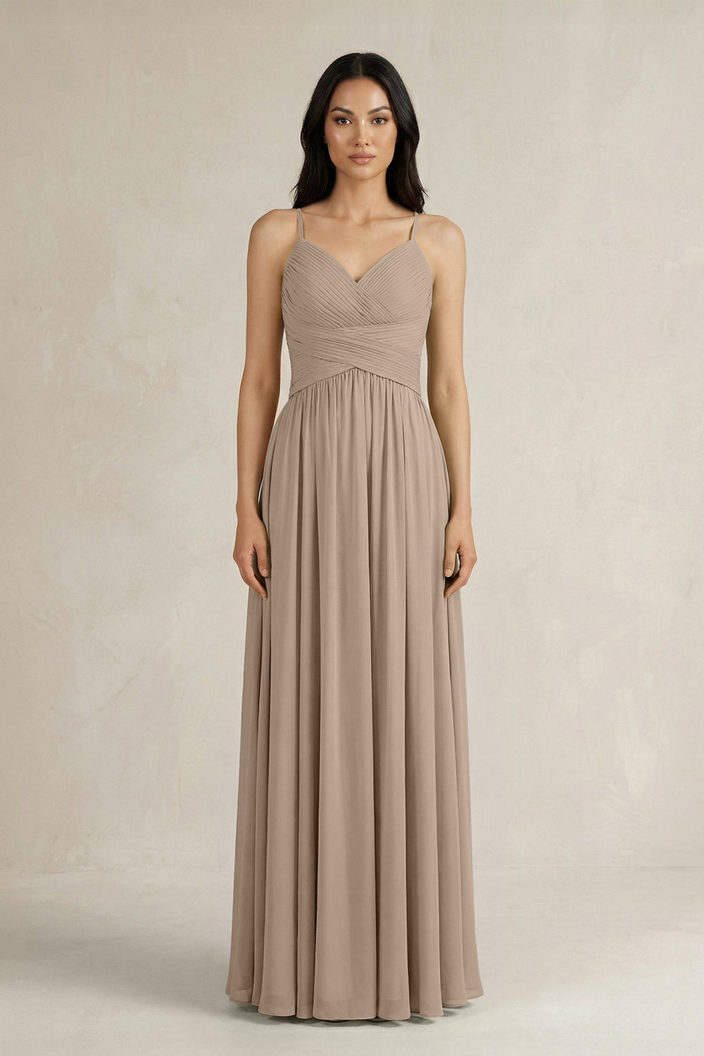 A-Line Pleated Spaghetti Strap Chiffon Bridesmaid Dress in Almond