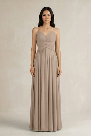 Almond A-Line Pleated Spaghetti Strap Chiffon Bridesmaid Dress | KISSBRIDAL