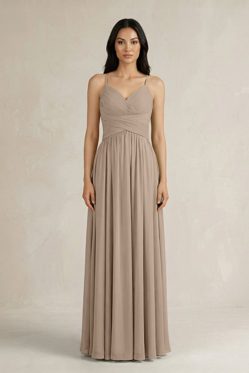 Almond A-Line Pleated Spaghetti Strap Chiffon Bridesmaid Dress | KISSBRIDAL