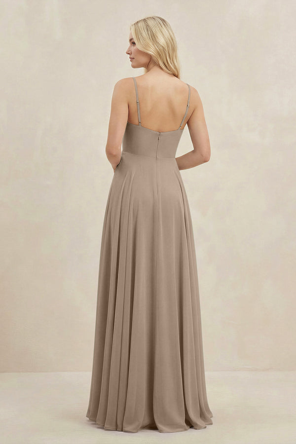 Almond A-Line Spaghetti Strap Chiffon Bridesmaid Dress (2) | KISSBRIDAL
