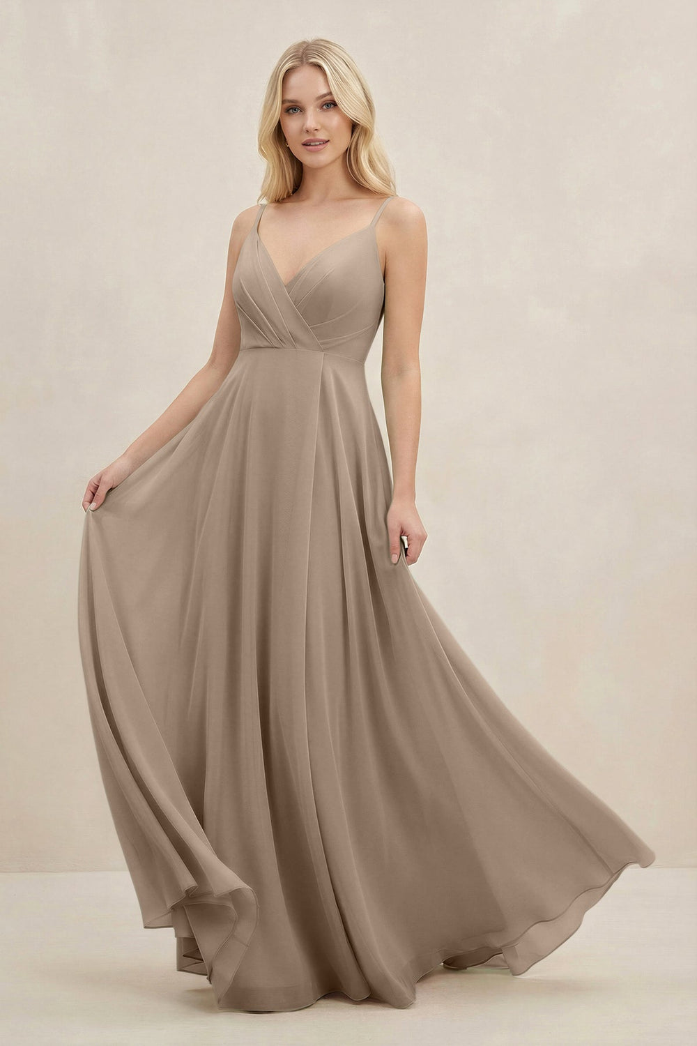 A-Line Spaghetti Strap Chiffon Bridesmaid Dress in Almond