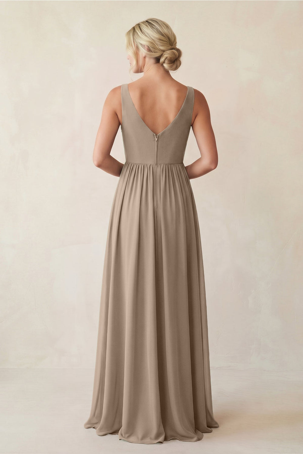 A-Line V-Neck Pleated Chiffon Bridesmaid Dress in Almond