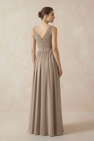 Almond A-Line V-Neck Pleated Chiffon Bridesmaid Dress (2) | KISSBRIDAL