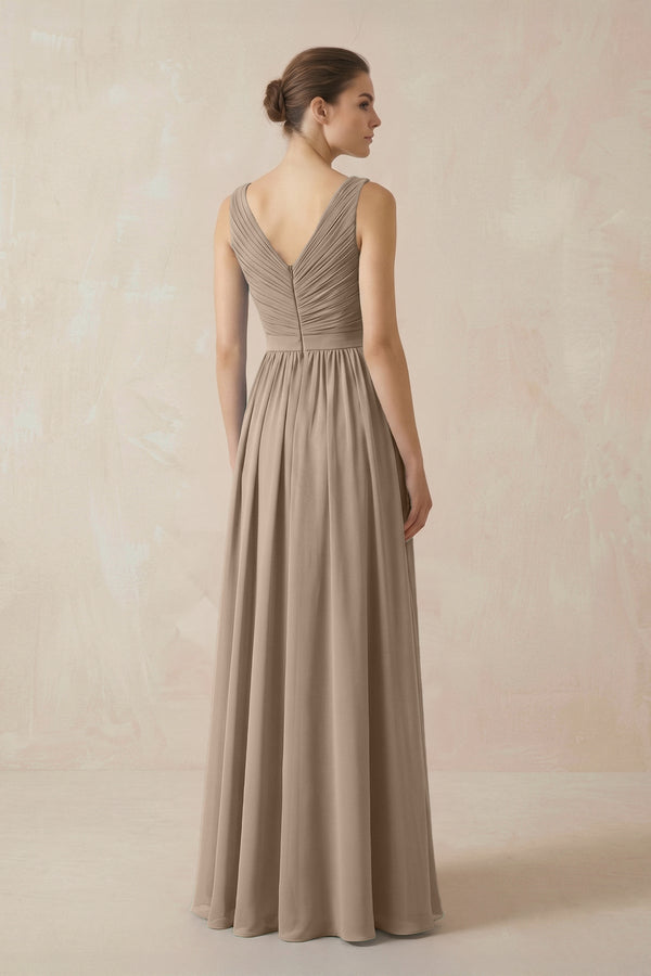 Almond A-Line V-Neck Pleated Chiffon Bridesmaid Dress (2) | KISSBRIDAL