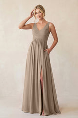 Almond A-Line V-Neck Pleated Chiffon Bridesmaid Dress | KISSBRIDAL