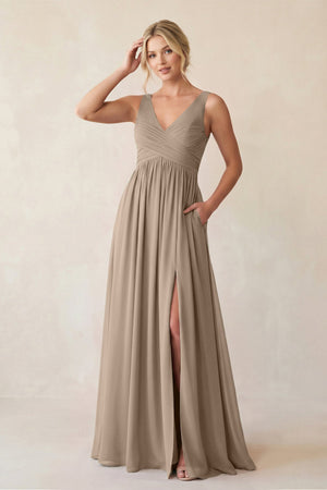 Almond A-Line V-Neck Pleated Chiffon Bridesmaid Dress | KISSBRIDAL