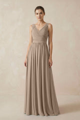 Almond A-Line V-Neck Pleated Chiffon Bridesmaid Dress | KISSBRIDAL