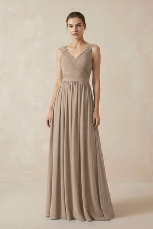 Almond A-Line V-Neck Pleated Chiffon Bridesmaid Dress | KISSBRIDAL