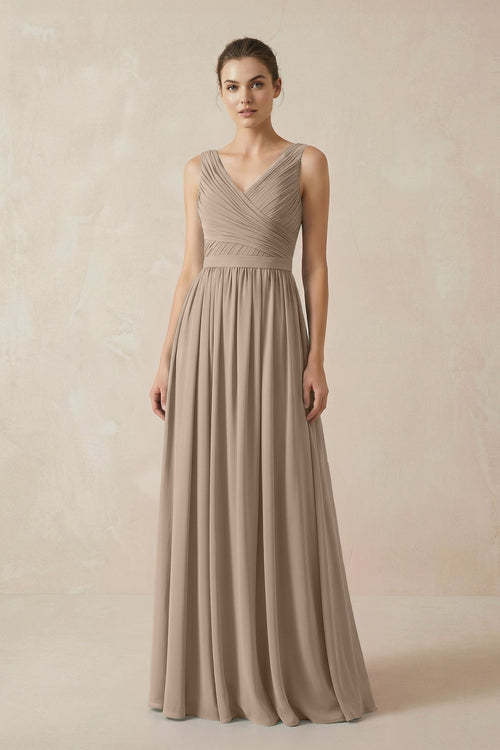 Almond A-Line V-Neck Pleated Chiffon Bridesmaid Dress | KISSBRIDAL