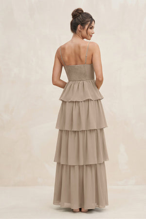 Almond Cami Strap Tiered A-Line Chiffon Bridesmaid Dress (2) | KISSBRIDAL