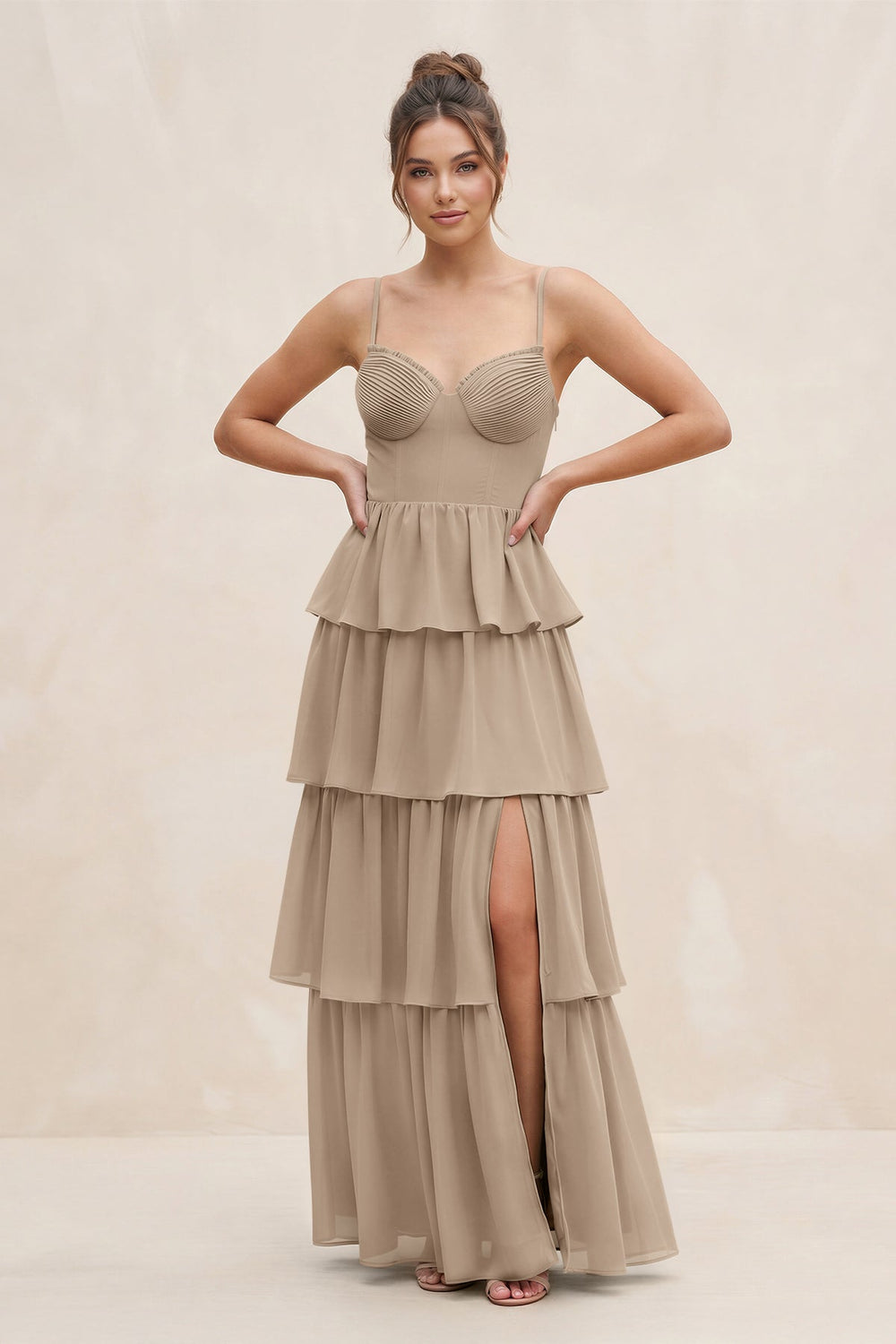 Cami Strap Tiered A-Line Chiffon Bridesmaid Dress in Almond
