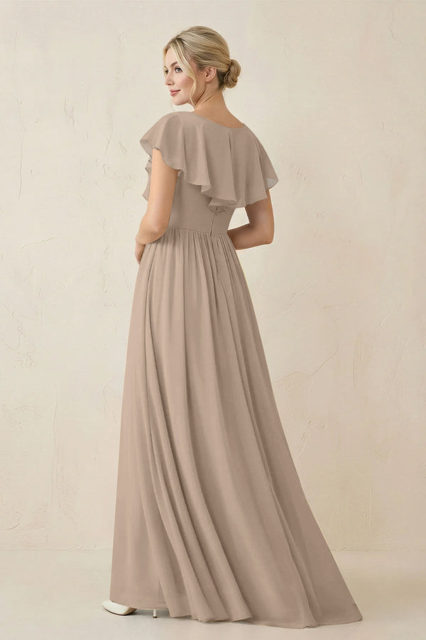 Almond Cap Sleeve A-Line Ruffled Chiffon Bridesmaid Dress (2) | KISSBRIDAL