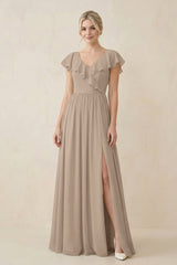 Almond Cap Sleeve A-Line Ruffled Chiffon Bridesmaid Dress | KISSBRIDAL