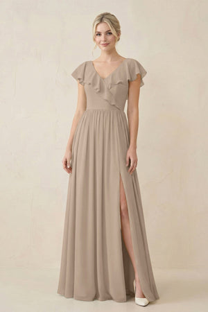 Almond Cap Sleeve A-Line Ruffled Chiffon Bridesmaid Dress | KISSBRIDAL